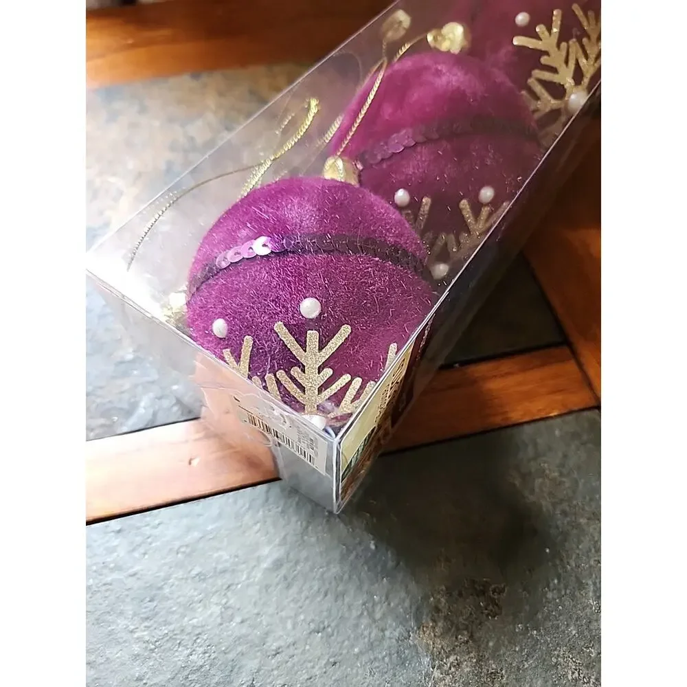 Winter Wonder Lane Festive Bloom Collection 3 pc Velvet Purple Ornaments